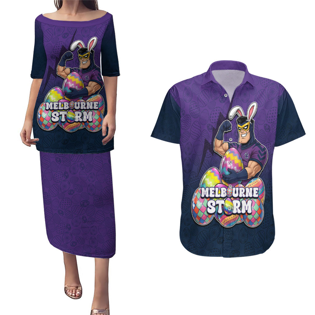 Personalized Melbourne Storm Couples Matching Puletasi and Hawaiian Shirt Easter Mascot - Colorful Eggs Cartoon Style