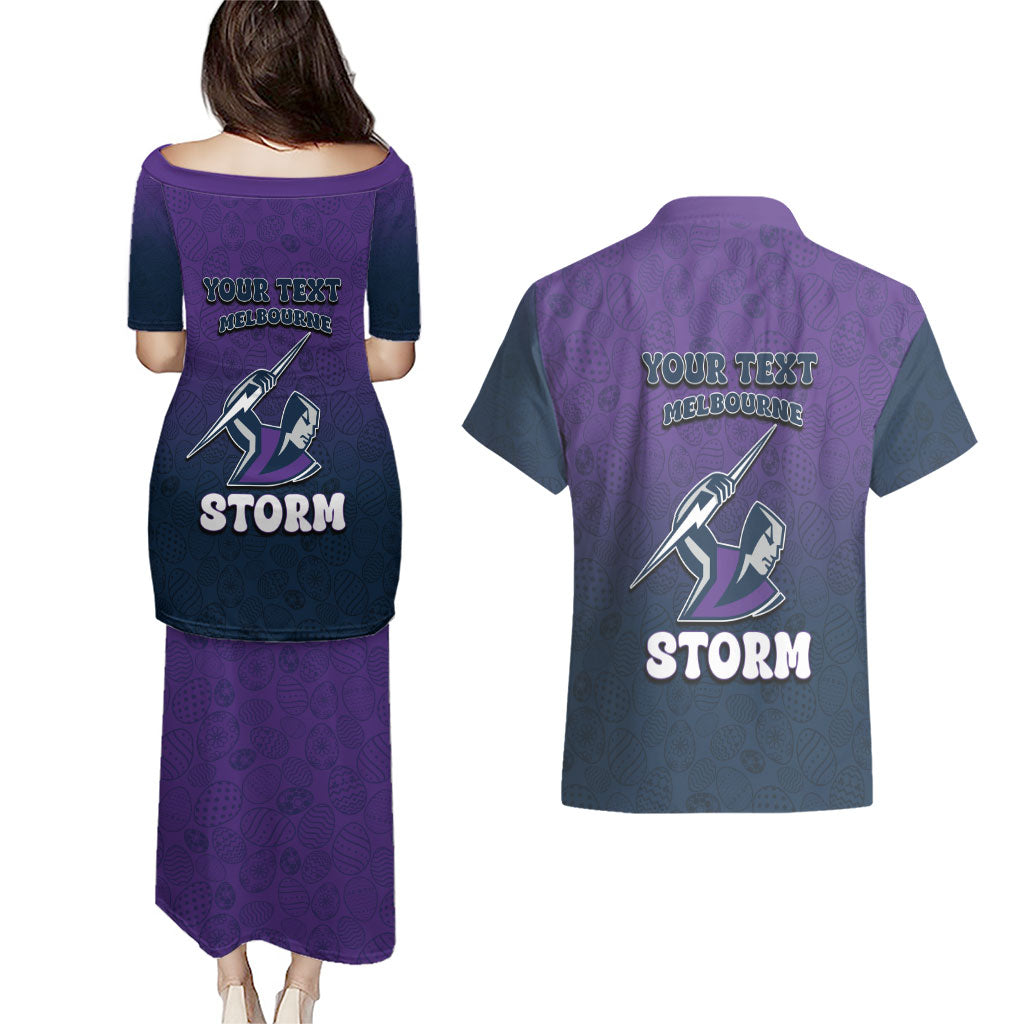 Personalized Melbourne Storm Couples Matching Puletasi and Hawaiian Shirt Easter Mascot - Colorful Eggs Cartoon Style