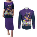 Personalized Melbourne Storm Couples Matching Puletasi and Long Sleeve Button Shirt Easter Mascot - Colorful Eggs Cartoon Style