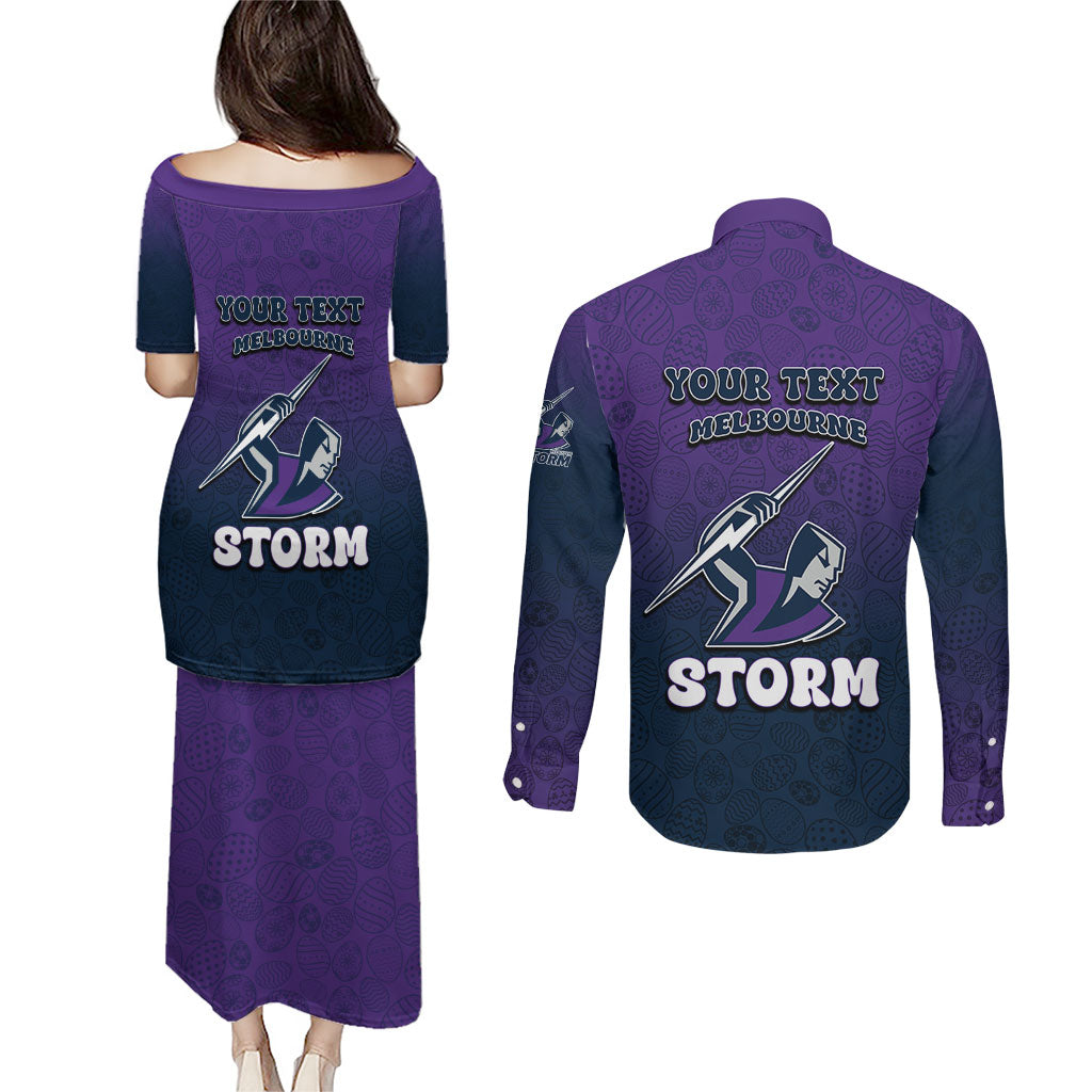 Personalized Melbourne Storm Couples Matching Puletasi and Long Sleeve Button Shirt Easter Mascot - Colorful Eggs Cartoon Style