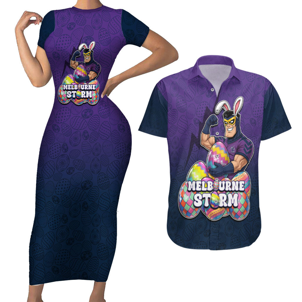 Personalized Melbourne Storm Couples Matching Short Sleeve Bodycon Dress and Hawaiian Shirt Easter Mascot - Colorful Eggs Cartoon Style