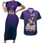 Personalized Melbourne Storm Couples Matching Short Sleeve Bodycon Dress and Hawaiian Shirt Easter Mascot - Colorful Eggs Cartoon Style