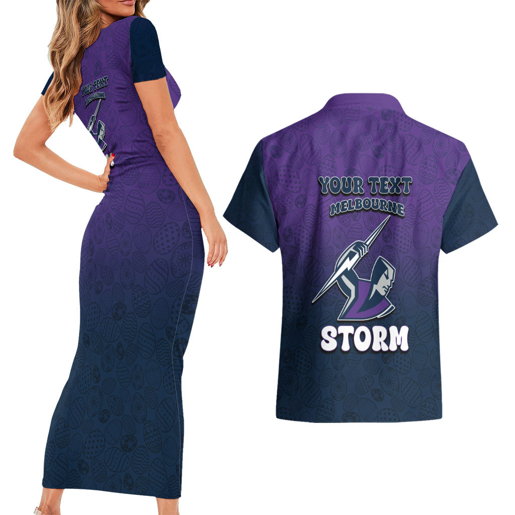 Personalized Melbourne Storm Couples Matching Short Sleeve Bodycon Dress and Hawaiian Shirt Easter Mascot - Colorful Eggs Cartoon Style