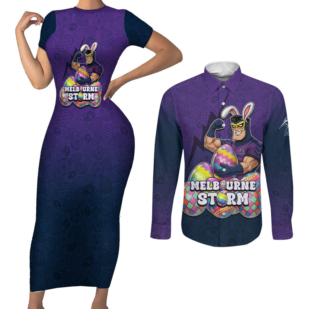 Personalized Melbourne Storm Couples Matching Short Sleeve Bodycon Dress and Long Sleeve Button Shirt Easter Mascot - Colorful Eggs Cartoon Style