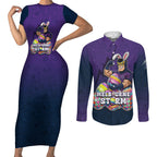 Personalized Melbourne Storm Couples Matching Short Sleeve Bodycon Dress and Long Sleeve Button Shirt Easter Mascot - Colorful Eggs Cartoon Style