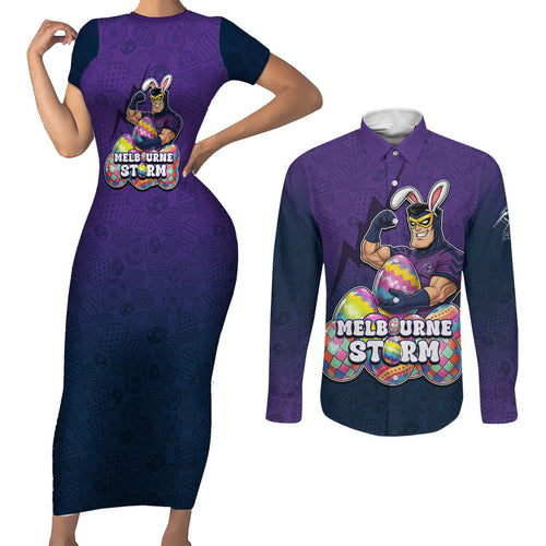 Personalized Melbourne Storm Couples Matching Short Sleeve Bodycon Dress and Long Sleeve Button Shirt Easter Mascot - Colorful Eggs Cartoon Style