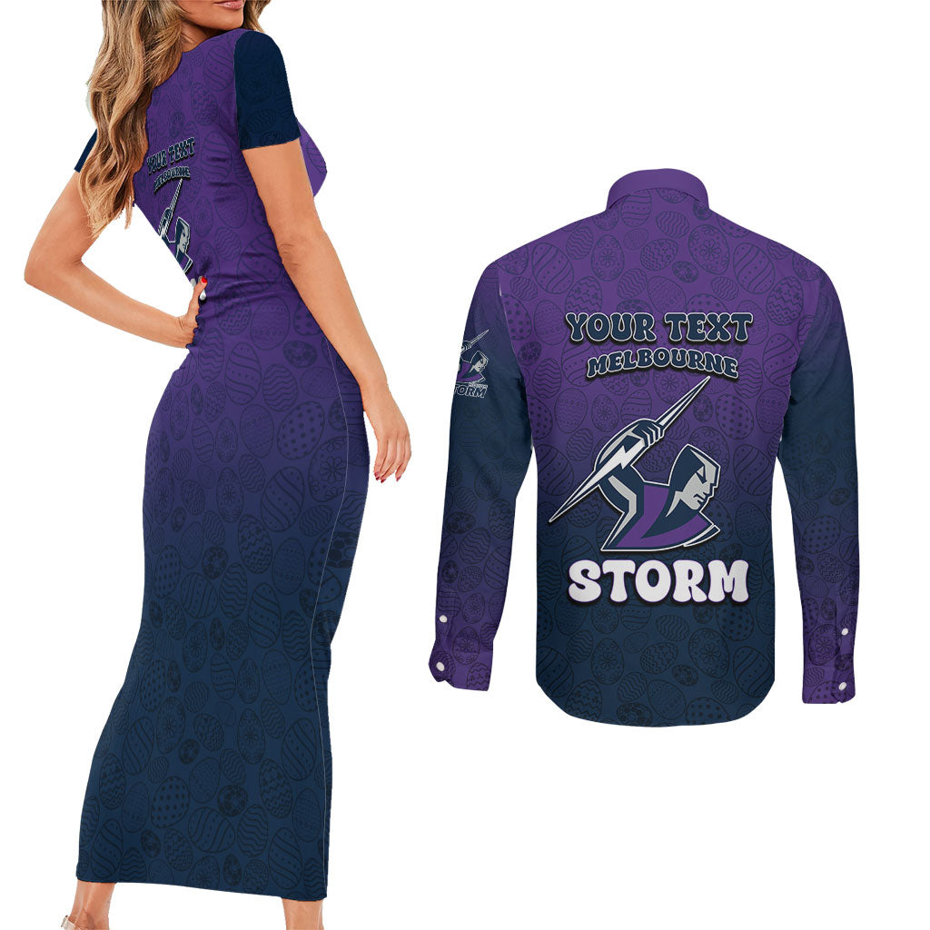 Personalized Melbourne Storm Couples Matching Short Sleeve Bodycon Dress and Long Sleeve Button Shirt Easter Mascot - Colorful Eggs Cartoon Style