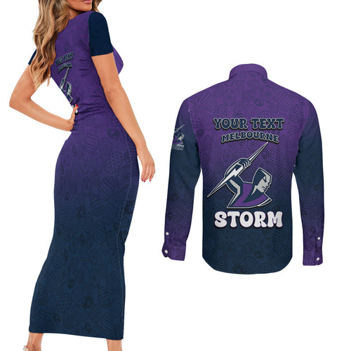 Personalized Melbourne Storm Couples Matching Short Sleeve Bodycon Dress and Long Sleeve Button Shirt Easter Mascot - Colorful Eggs Cartoon Style
