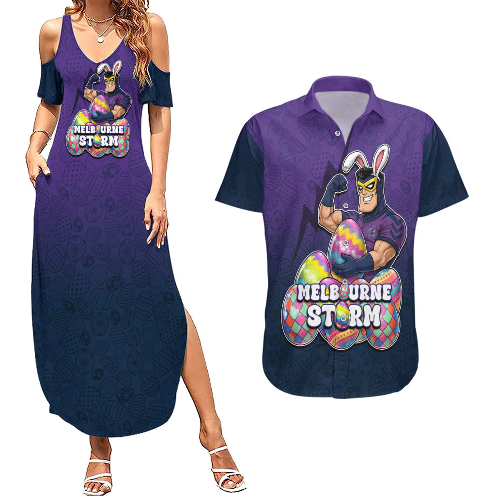 Personalized Melbourne Storm Couples Matching Summer Maxi Dress and Hawaiian Shirt Easter Mascot - Colorful Eggs Cartoon Style
