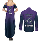 Personalized Melbourne Storm Couples Matching Summer Maxi Dress and Long Sleeve Button Shirt Easter Mascot - Colorful Eggs Cartoon Style
