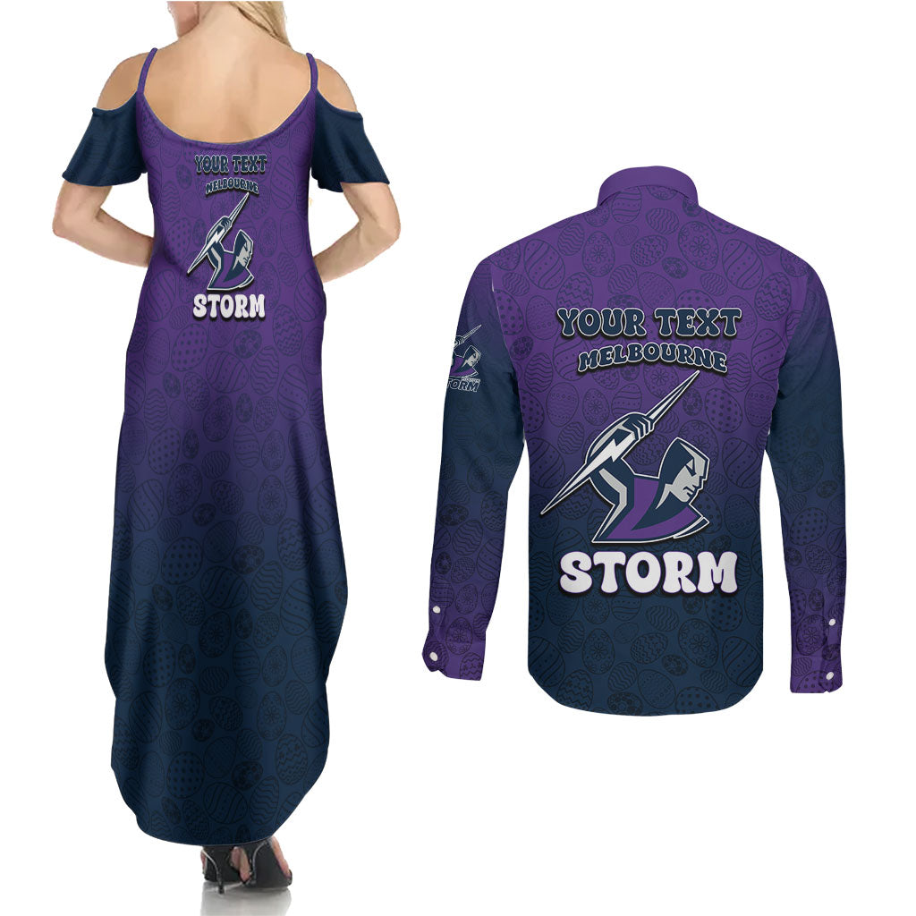 Personalized Melbourne Storm Couples Matching Summer Maxi Dress and Long Sleeve Button Shirt Easter Mascot - Colorful Eggs Cartoon Style