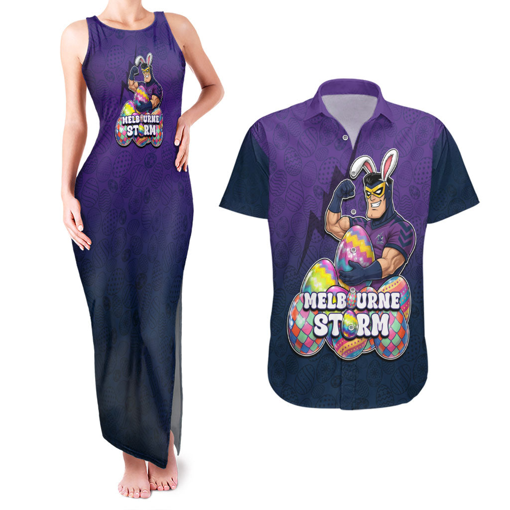 Personalized Melbourne Storm Couples Matching Tank Maxi Dress and Hawaiian Shirt Easter Mascot - Colorful Eggs Cartoon Style