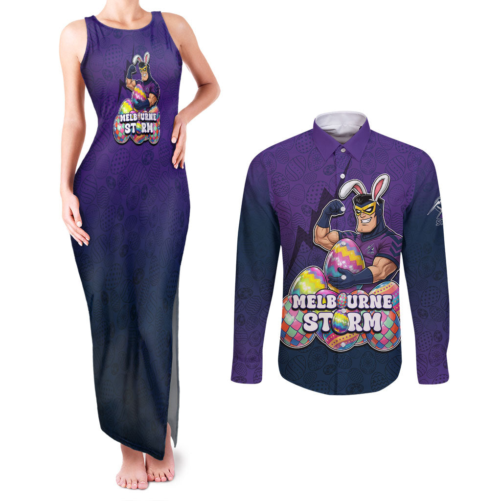 Personalized Melbourne Storm Couples Matching Tank Maxi Dress and Long Sleeve Button Shirt Easter Mascot - Colorful Eggs Cartoon Style