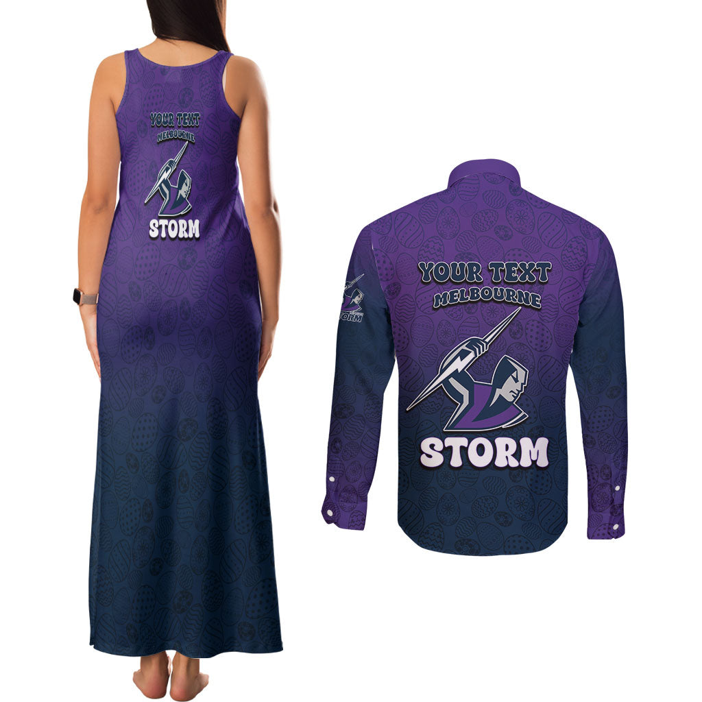Personalized Melbourne Storm Couples Matching Tank Maxi Dress and Long Sleeve Button Shirt Easter Mascot - Colorful Eggs Cartoon Style