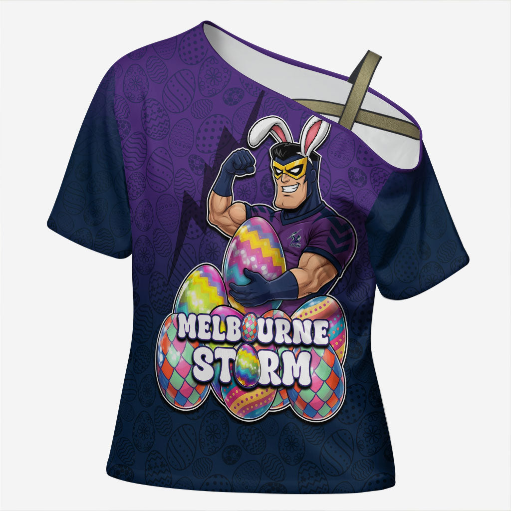 Personalized Melbourne Storm Cross Shoulder Shirt Easter Mascot - Colorful Eggs Cartoon Style
