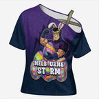 Personalized Melbourne Storm Cross Shoulder Shirt Easter Mascot - Colorful Eggs Cartoon Style
