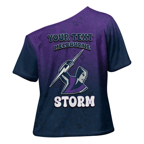 Personalized Melbourne Storm Cross Shoulder Shirt Easter Mascot - Colorful Eggs Cartoon Style