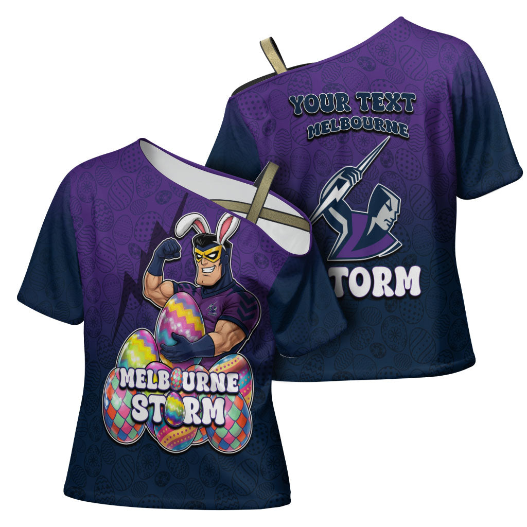 Personalized Melbourne Storm Cross Shoulder Shirt Easter Mascot - Colorful Eggs Cartoon Style