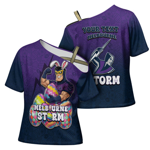 Personalized Melbourne Storm Cross Shoulder Shirt Easter Mascot - Colorful Eggs Cartoon Style