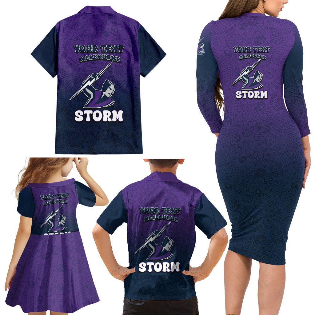 Personalized Melbourne Storm Family Matching Long Sleeve Bodycon Dress and Hawaiian Shirt Easter Mascot - Colorful Eggs Cartoon Style