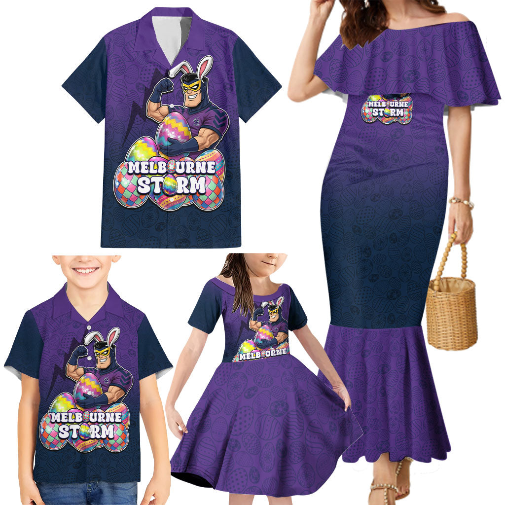 Personalized Melbourne Storm Family Matching Mermaid Dress and Hawaiian Shirt Easter Mascot - Colorful Eggs Cartoon Style