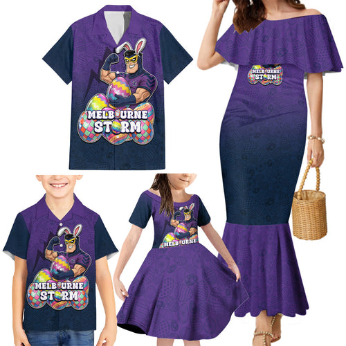 Personalized Melbourne Storm Family Matching Mermaid Dress and Hawaiian Shirt Easter Mascot - Colorful Eggs Cartoon Style