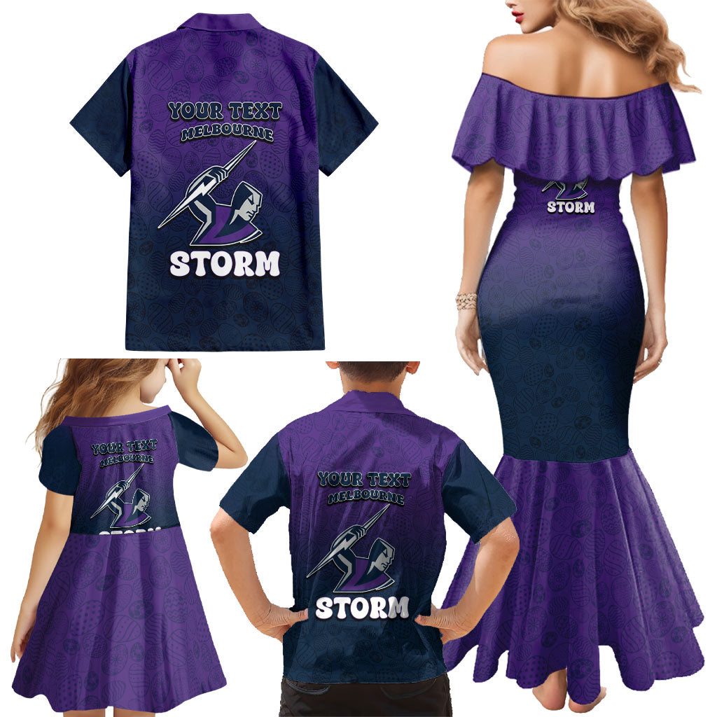 Personalized Melbourne Storm Family Matching Mermaid Dress and Hawaiian Shirt Easter Mascot - Colorful Eggs Cartoon Style