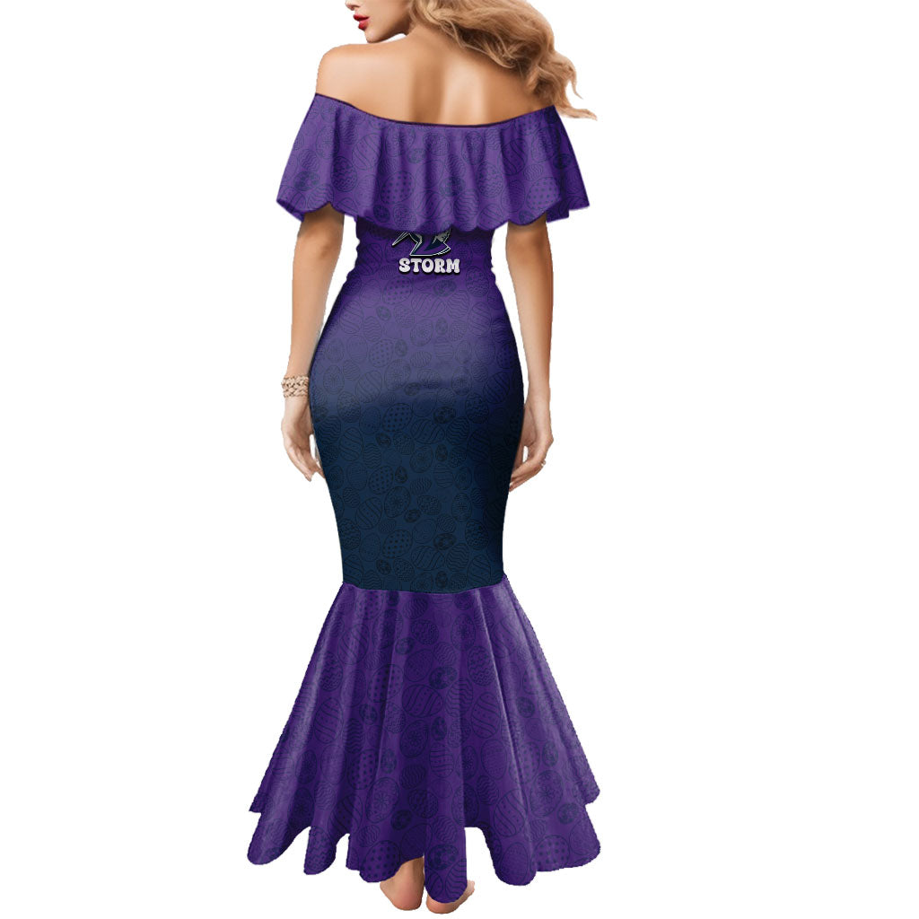 Personalized Melbourne Storm Family Matching Mermaid Dress and Hawaiian Shirt Easter Mascot - Colorful Eggs Cartoon Style