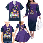 Personalized Melbourne Storm Family Matching Off The Shoulder Long Sleeve Dress and Hawaiian Shirt Easter Mascot - Colorful Eggs Cartoon Style