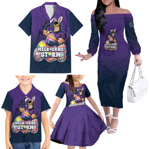 Personalized Melbourne Storm Family Matching Off The Shoulder Long Sleeve Dress and Hawaiian Shirt Easter Mascot - Colorful Eggs Cartoon Style