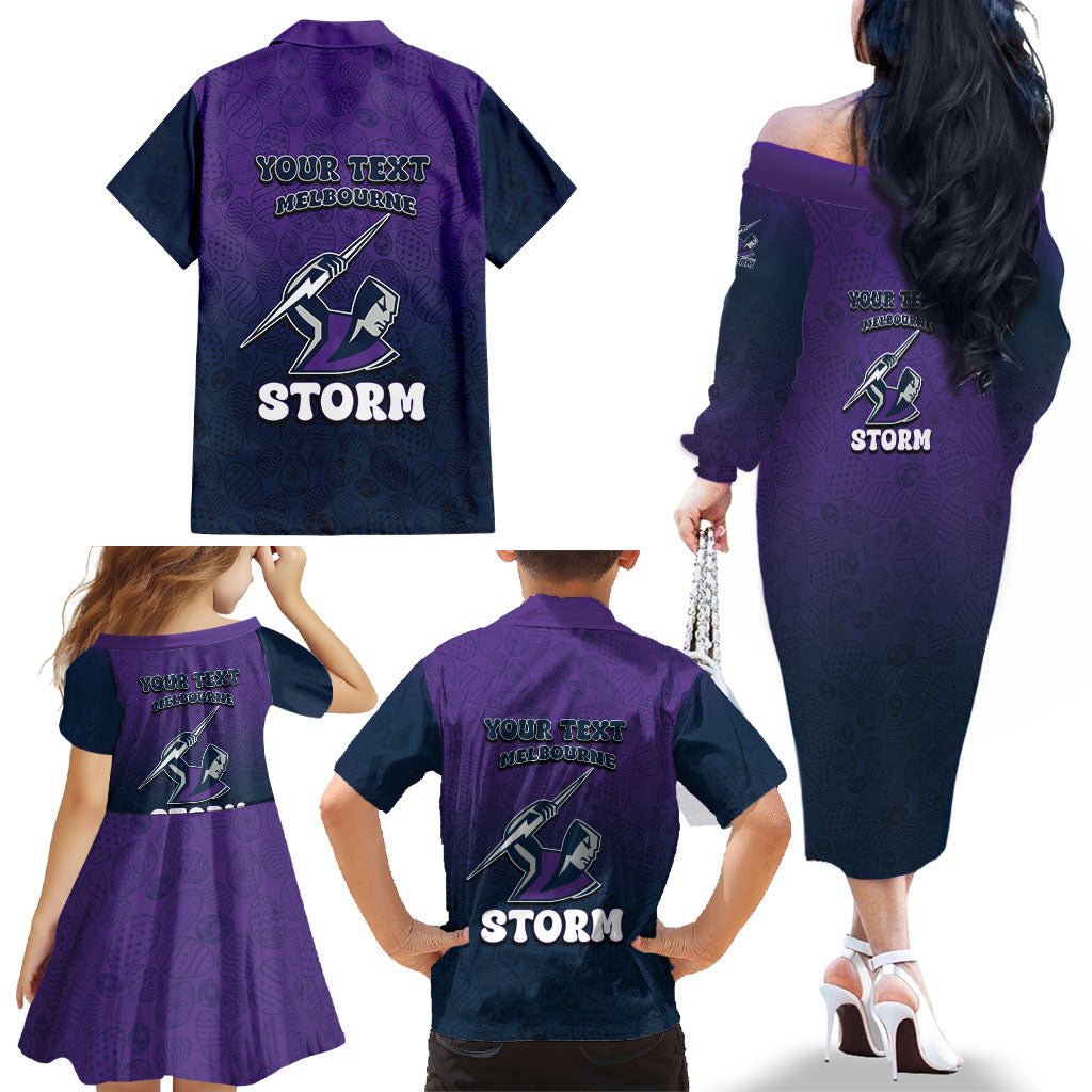 Personalized Melbourne Storm Family Matching Off The Shoulder Long Sleeve Dress and Hawaiian Shirt Easter Mascot - Colorful Eggs Cartoon Style