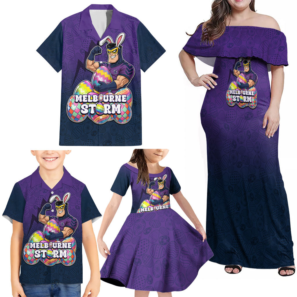 Personalized Melbourne Storm Family Matching Off Shoulder Maxi Dress and Hawaiian Shirt Easter Mascot - Colorful Eggs Cartoon Style