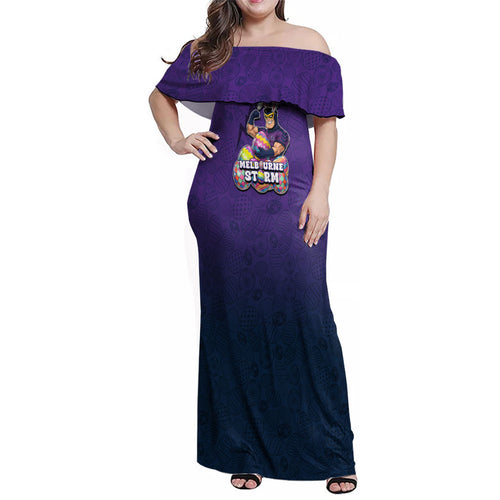 Personalized Melbourne Storm Family Matching Off Shoulder Maxi Dress and Hawaiian Shirt Easter Mascot - Colorful Eggs Cartoon Style