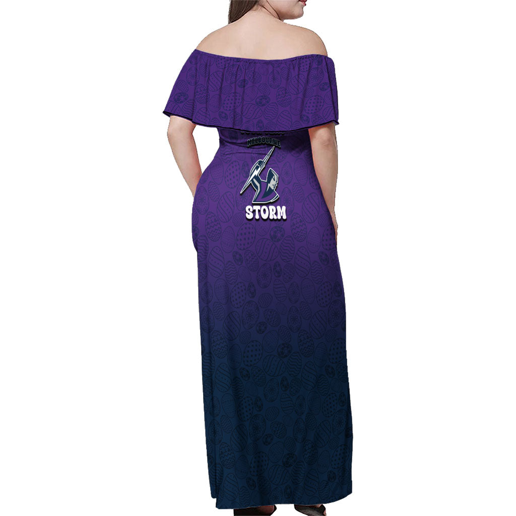 Personalized Melbourne Storm Family Matching Off Shoulder Maxi Dress and Hawaiian Shirt Easter Mascot - Colorful Eggs Cartoon Style
