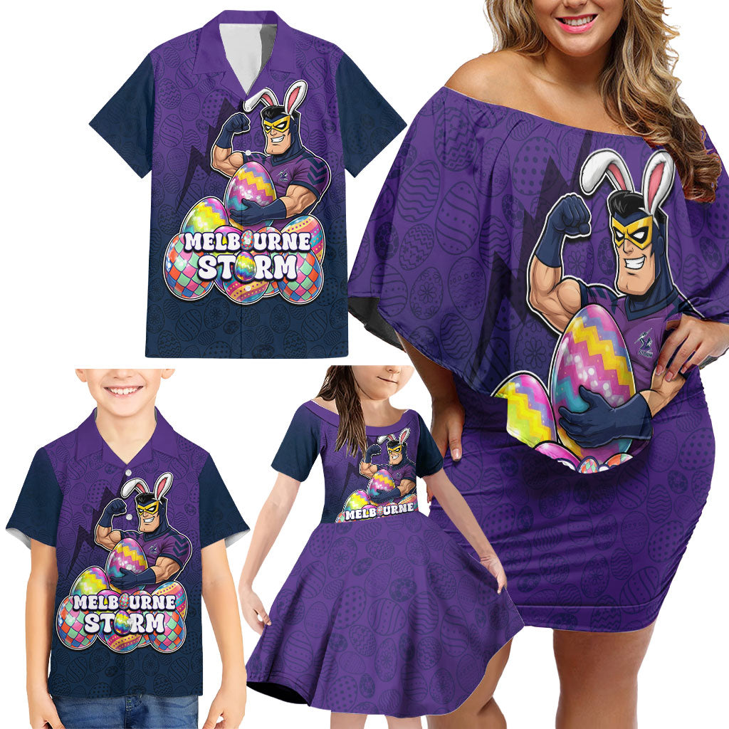 Personalized Melbourne Storm Family Matching Off Shoulder Short Dress and Hawaiian Shirt Easter Mascot - Colorful Eggs Cartoon Style