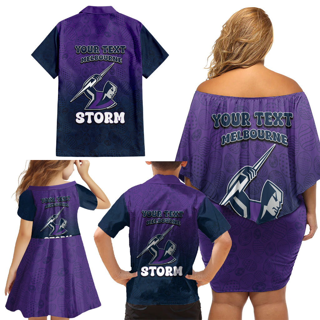 Personalized Melbourne Storm Family Matching Off Shoulder Short Dress and Hawaiian Shirt Easter Mascot - Colorful Eggs Cartoon Style