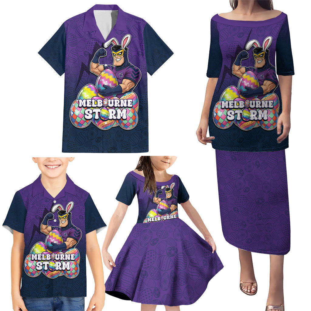 Personalized Melbourne Storm Family Matching Puletasi and Hawaiian Shirt Easter Mascot - Colorful Eggs Cartoon Style