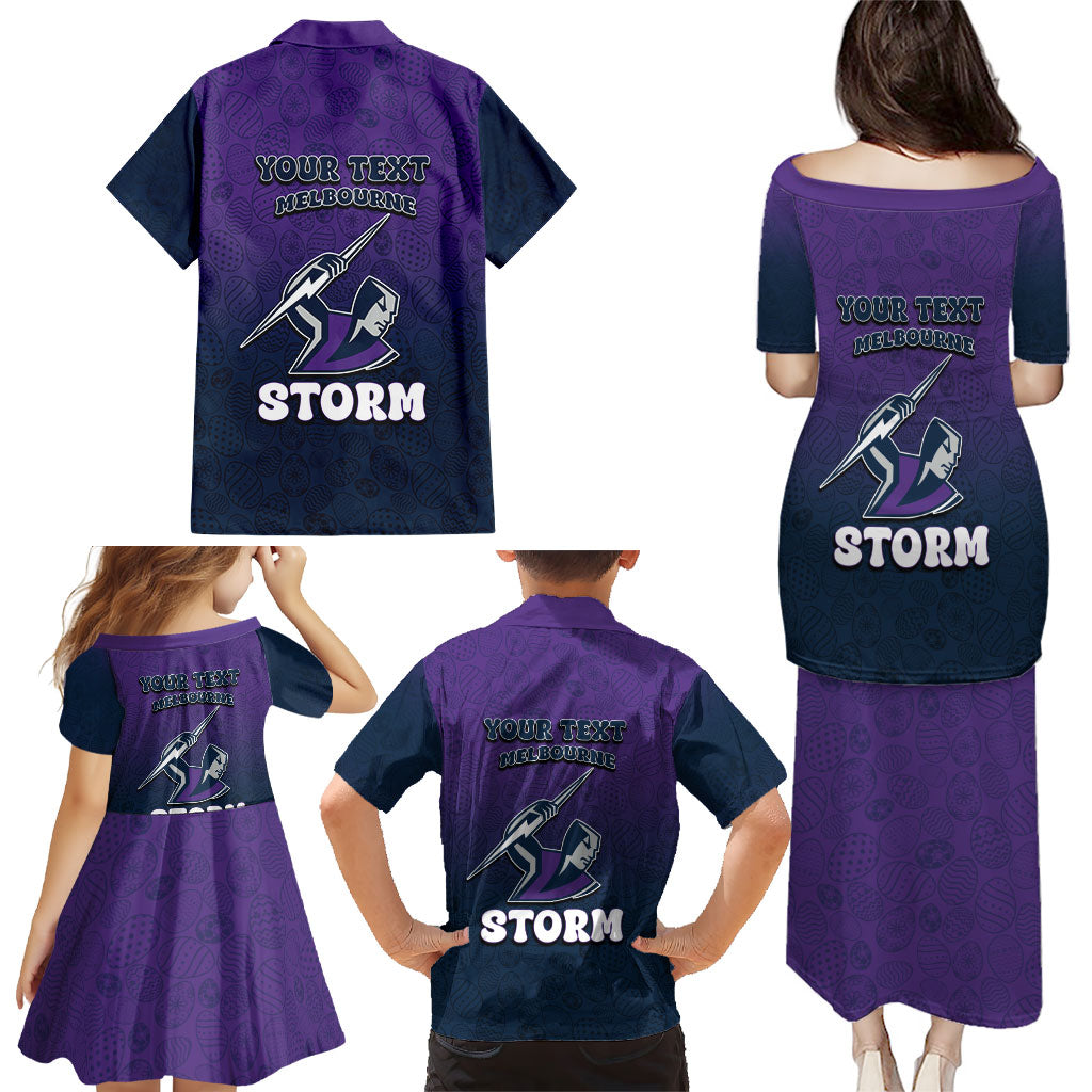 Personalized Melbourne Storm Family Matching Puletasi and Hawaiian Shirt Easter Mascot - Colorful Eggs Cartoon Style