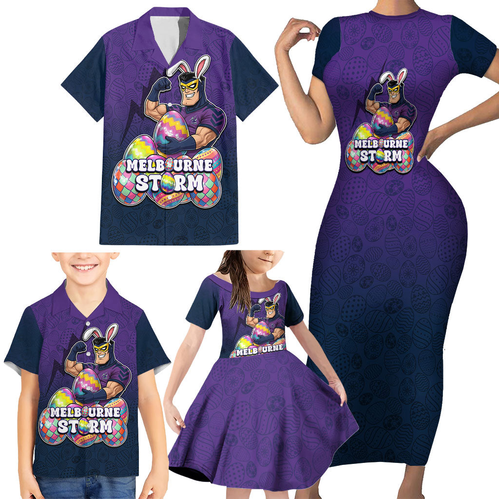 Personalized Melbourne Storm Family Matching Short Sleeve Bodycon Dress and Hawaiian Shirt Easter Mascot - Colorful Eggs Cartoon Style
