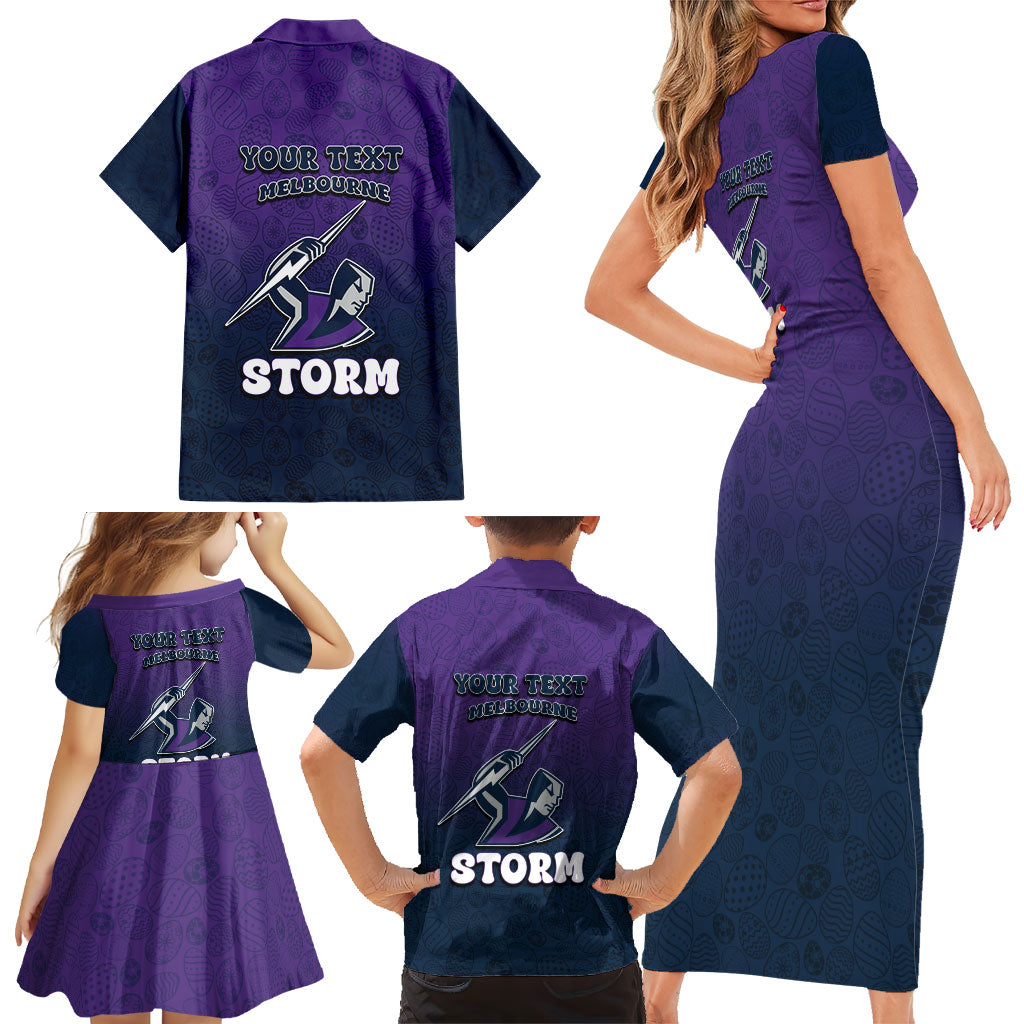Personalized Melbourne Storm Family Matching Short Sleeve Bodycon Dress and Hawaiian Shirt Easter Mascot - Colorful Eggs Cartoon Style