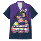 Personalized Melbourne Storm Family Matching Short Sleeve Bodycon Dress and Hawaiian Shirt Easter Mascot - Colorful Eggs Cartoon Style