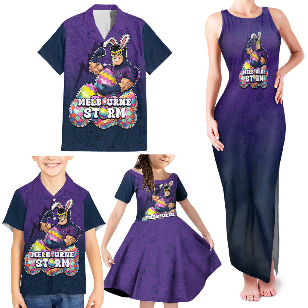 Personalized Melbourne Storm Family Matching Tank Maxi Dress and Hawaiian Shirt Easter Mascot - Colorful Eggs Cartoon Style