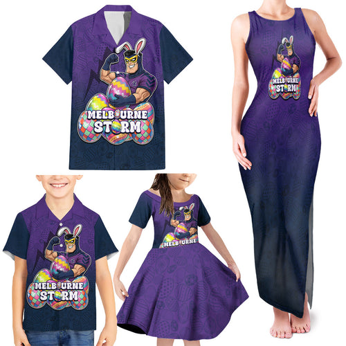 Personalized Melbourne Storm Family Matching Tank Maxi Dress and Hawaiian Shirt Easter Mascot - Colorful Eggs Cartoon Style