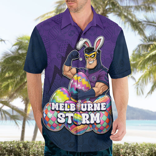 Personalized Melbourne Storm Hawaiian Shirt Easter Mascot - Colorful Eggs Cartoon Style