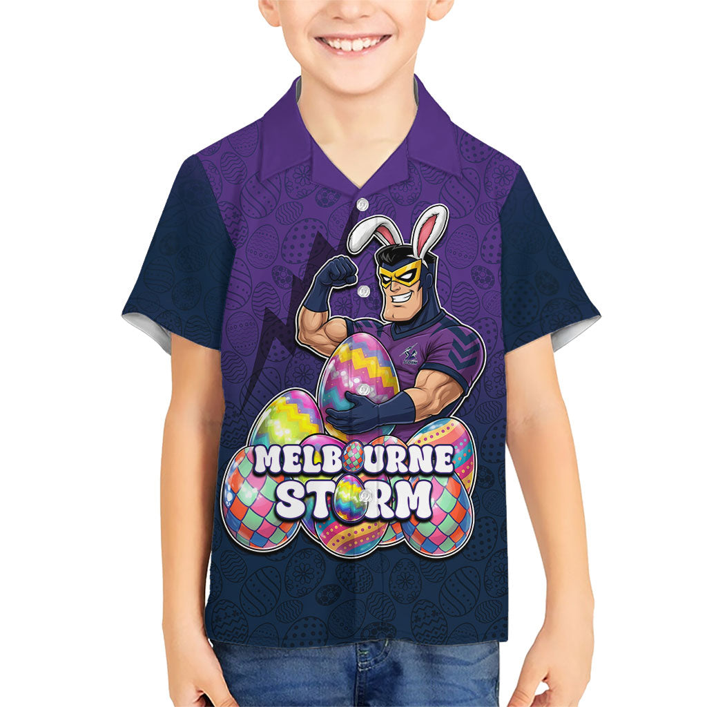Personalized Melbourne Storm Hawaiian Shirt Easter Mascot - Colorful Eggs Cartoon Style