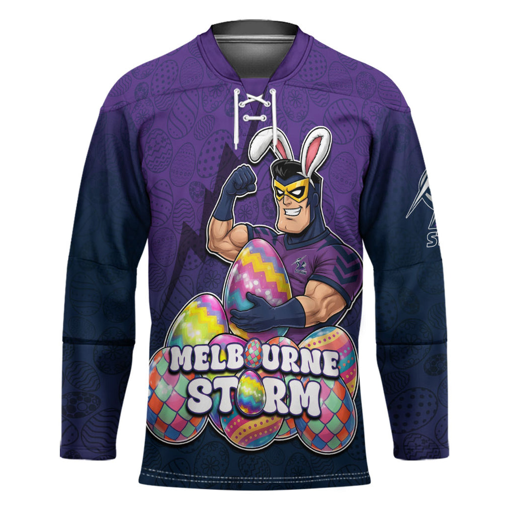 Personalized Melbourne Storm Hockey Jersey Easter Mascot - Colorful Eggs Cartoon Style