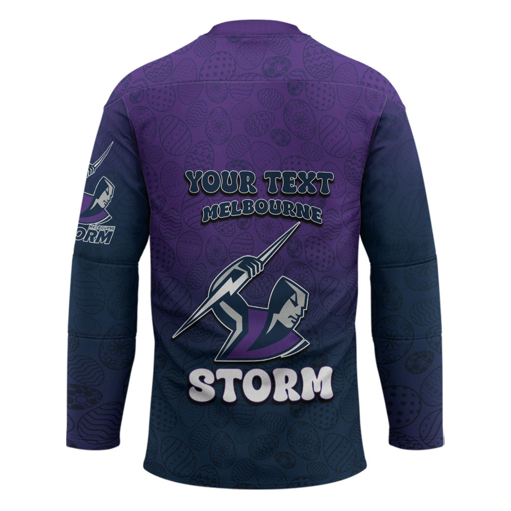 Personalized Melbourne Storm Hockey Jersey Easter Mascot - Colorful Eggs Cartoon Style