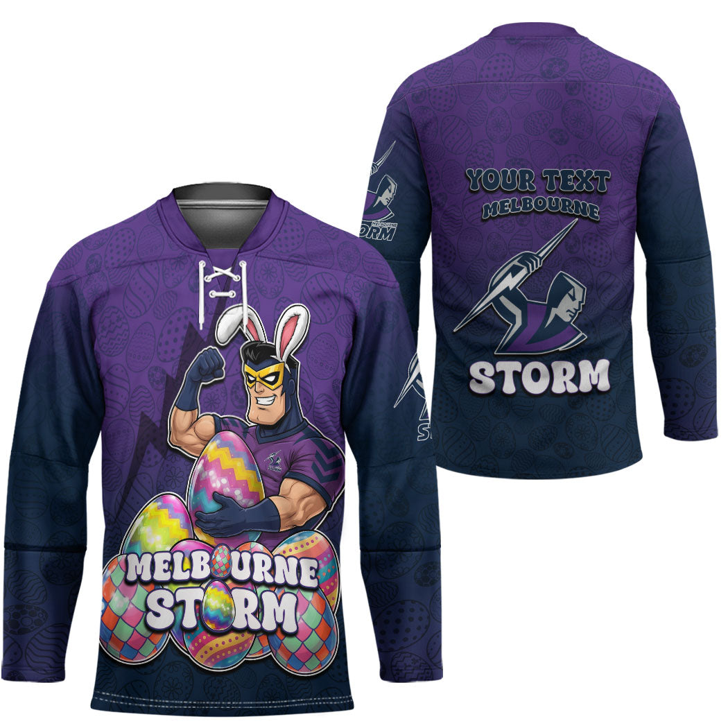 Personalized Melbourne Storm Hockey Jersey Easter Mascot - Colorful Eggs Cartoon Style