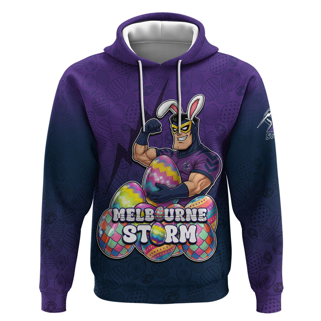 Personalized Melbourne Storm Hoodie Easter Mascot - Colorful Eggs Cartoon Style