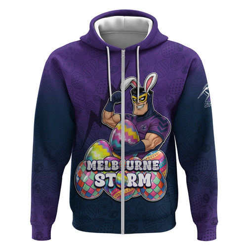 Personalized Melbourne Storm Hoodie Easter Mascot - Colorful Eggs Cartoon Style